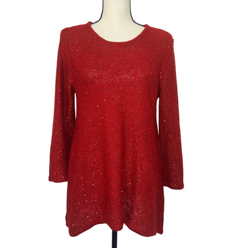 Anne Klein Women's Large Red Pullover Sweater Long Sleeve Sequin‎ Festive Knit